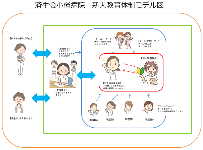 新人教育指導体制モデル図:新人看護職員に新人実地指導者がつき、それをチームメンバーらが支援する一年間の教育体制
