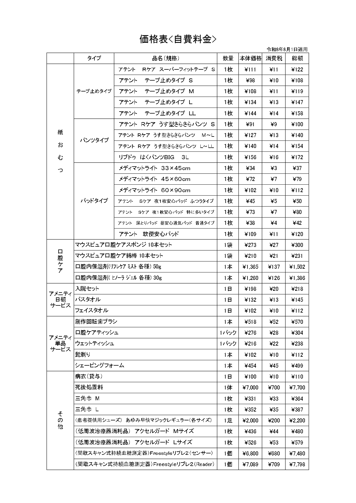 自費料金価格改定についてリンクのPDFで説明しています